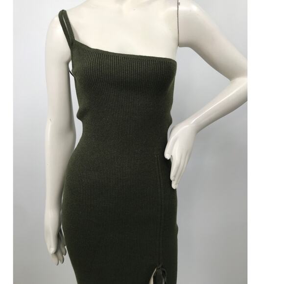 Cider Green Rib Knit One Shoulder Sleeveless Sweater Dress 1XL Bodycon Stretch - Picture 5 of 9